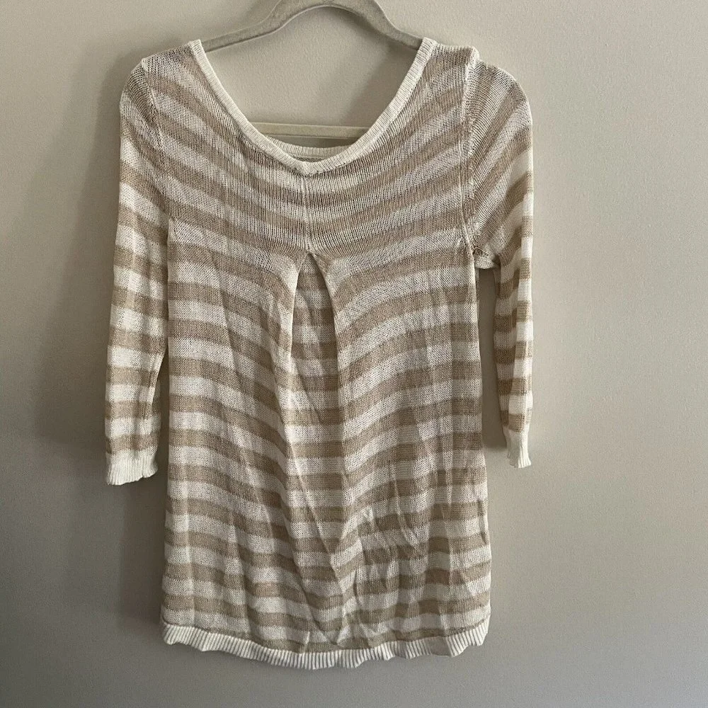 White House Black Market Women XXS Tan/White/Gold Metallic Striped Light Sweater